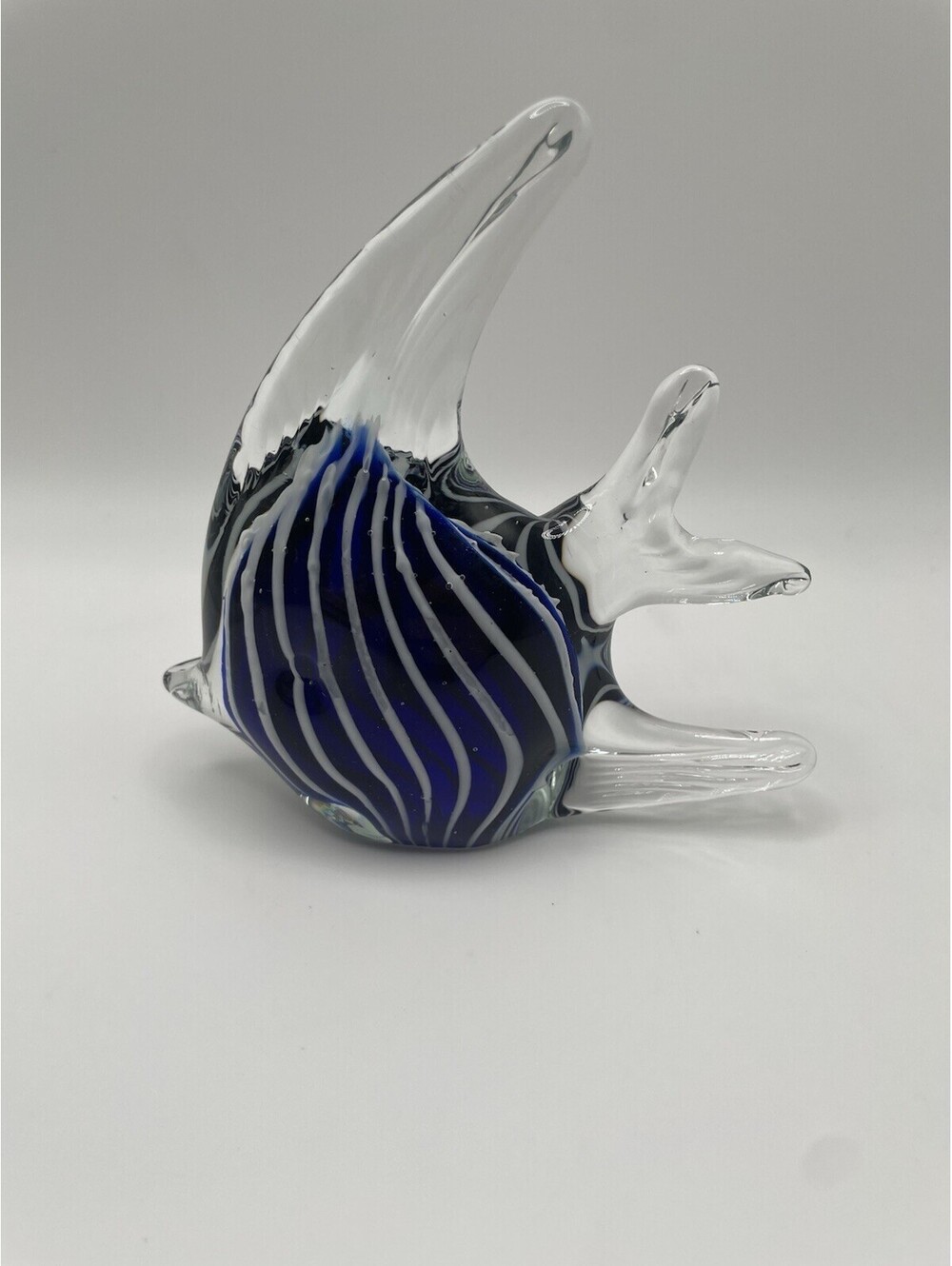 Murano-style Blue & White Striped Glass Angelfish Figurine Paperweight 4.5x5 in